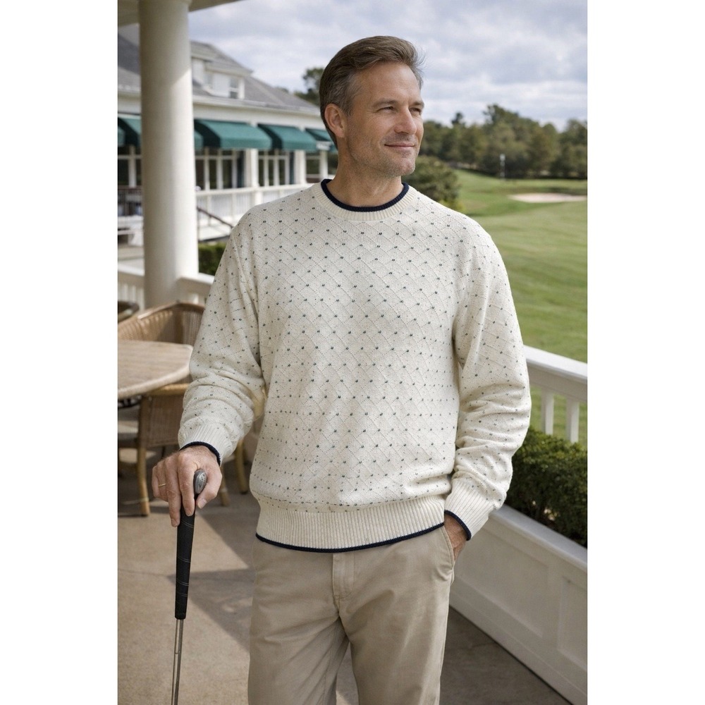 Munsingwear Sweater Mens Large Cream Good Cotton Diamond Knit Golf Made in‎ USA
